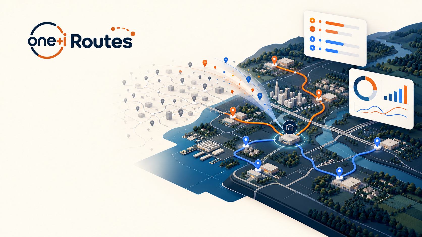 One+i Routes visualization showing locations transformed into optimized operational routes and performance insights.