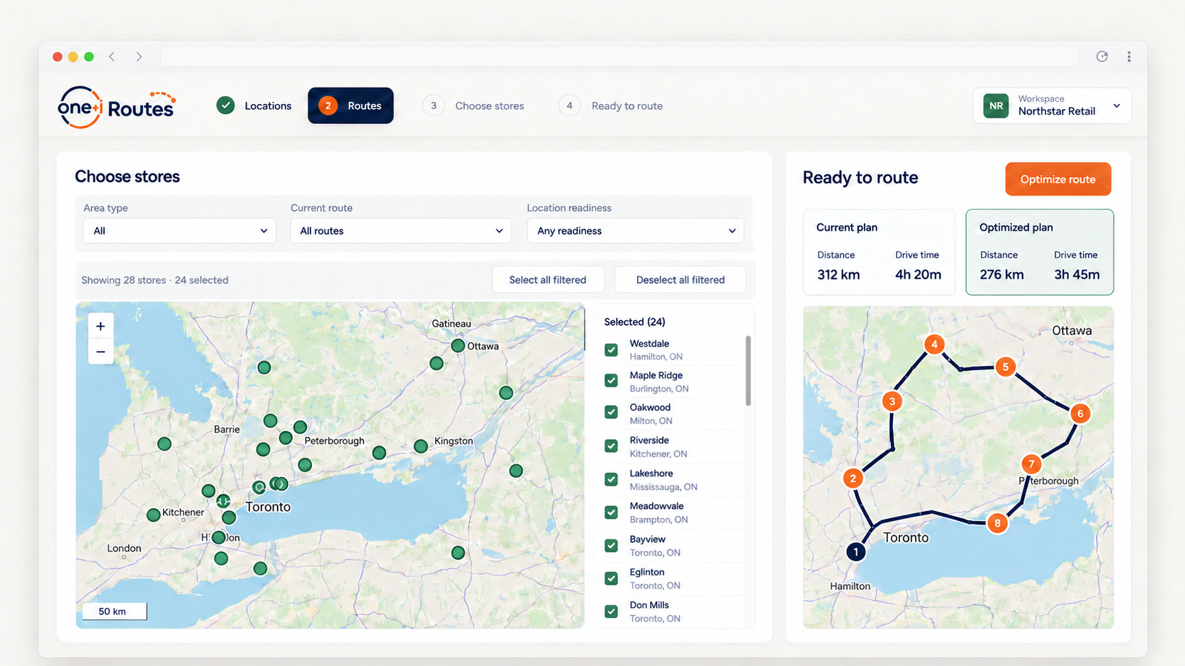 One+i Routes workspace with store selection, location map, route comparison metrics, and an optimized route map.